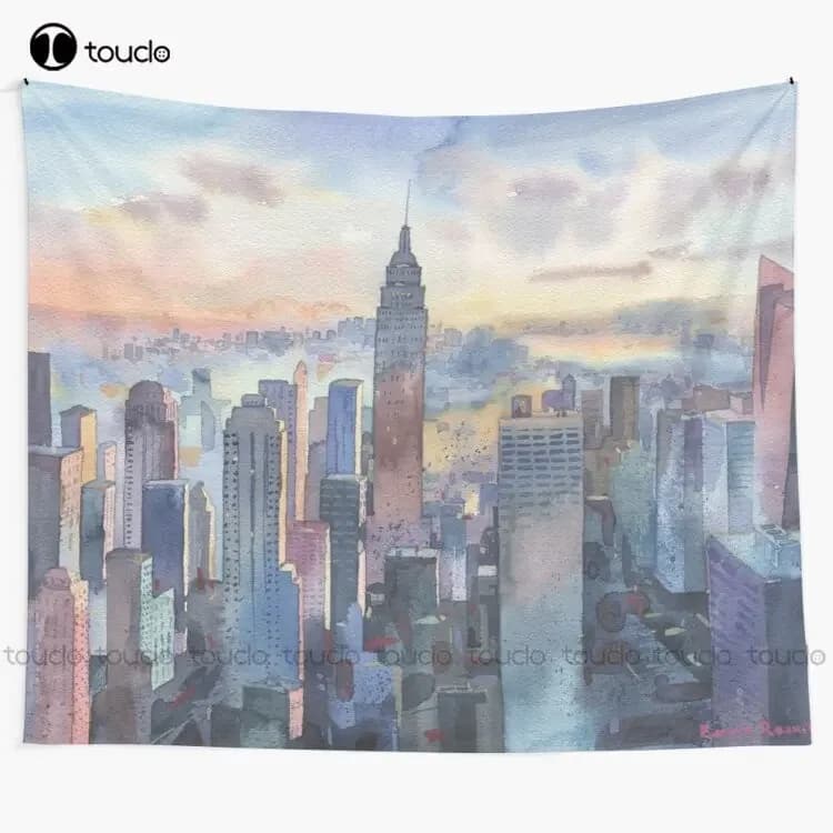 New York Watercolor Paper City New York Skyscrapers Sunset Sky View Tapestry Horizontal Tapestry Wall Hangings Wall Covering