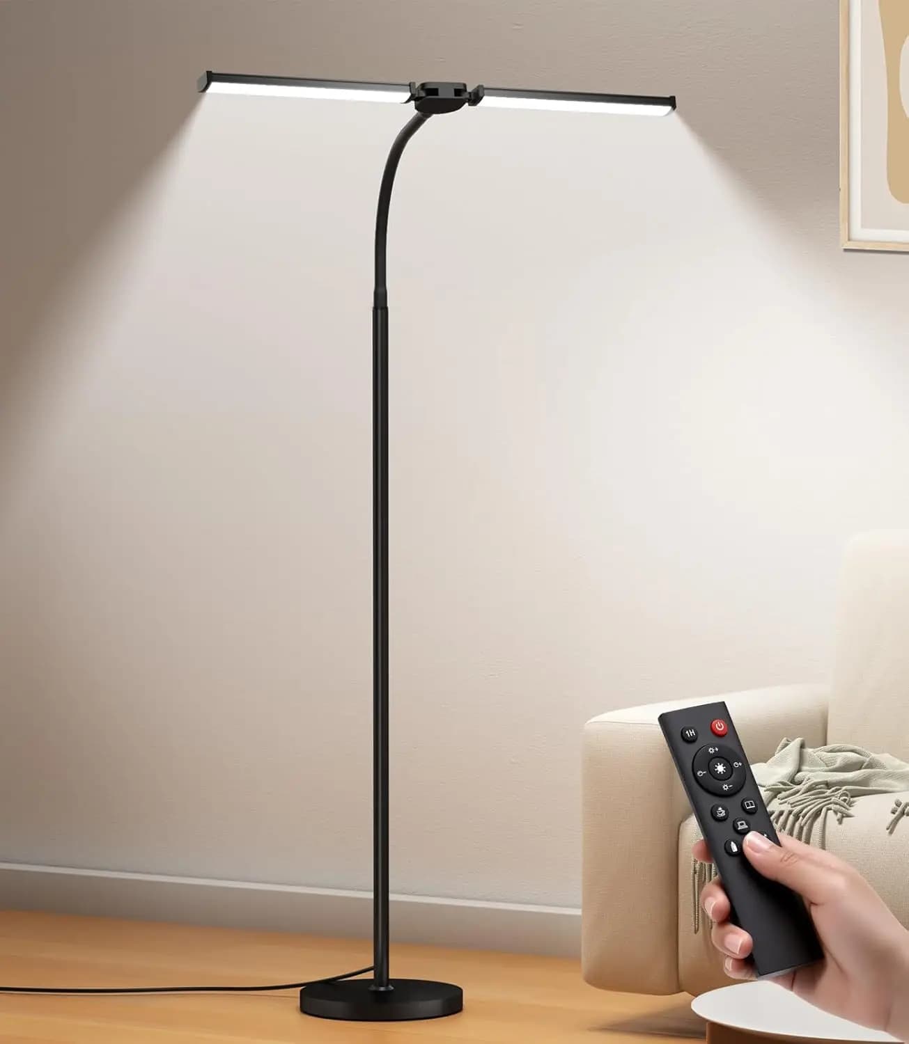 Lampada da Terra LED a Doppia Testa Regolabile con Telecomando, Luce Protettiva per gli Occhi per Soggiorno e Ufficio