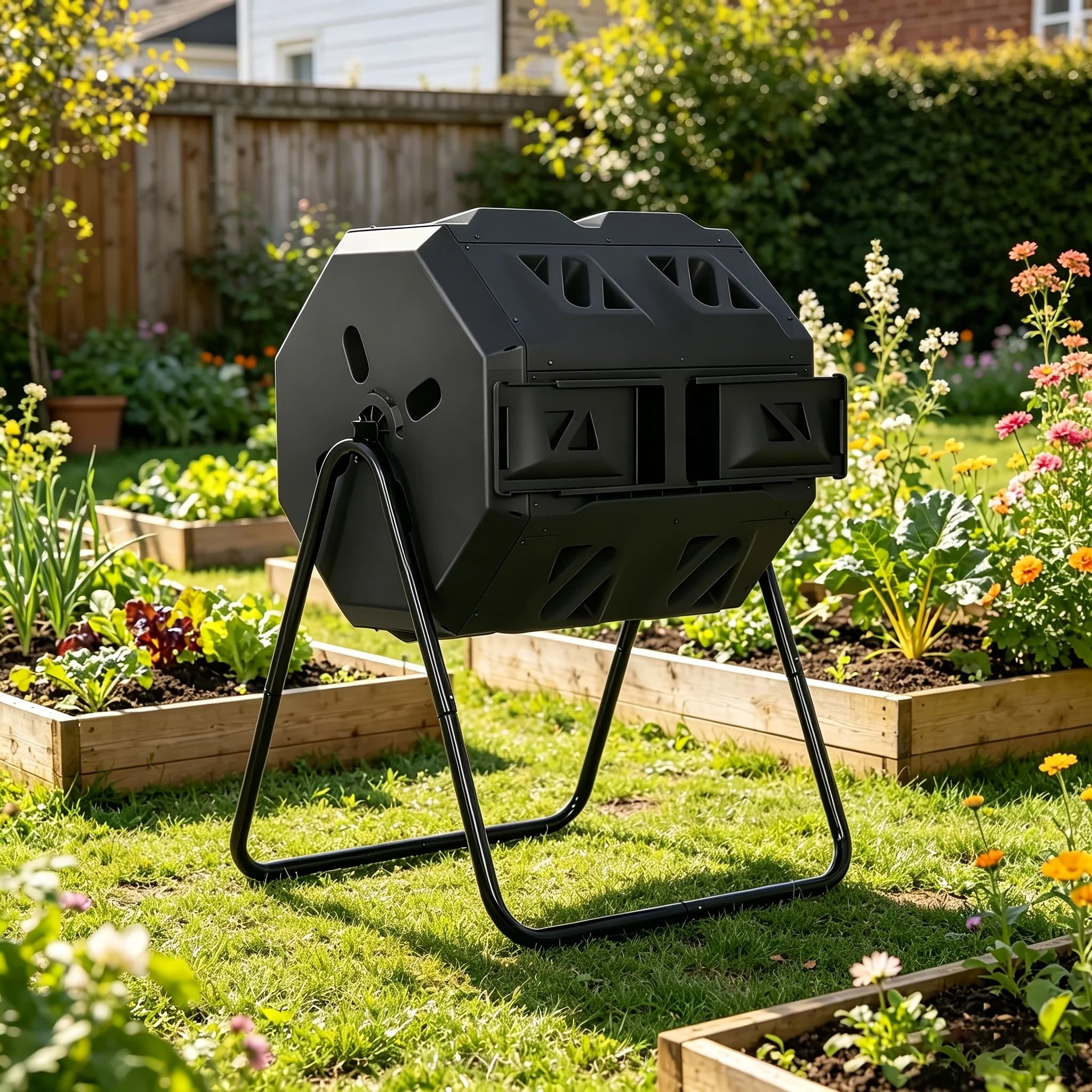 43 Gallon Dual Chamber Compost Bin | Outdoor Tumbler with Sliding Doors, BPA Free, Rotating Batch Tumbler for All Season Garden Yard - Metal, DOPINMIN