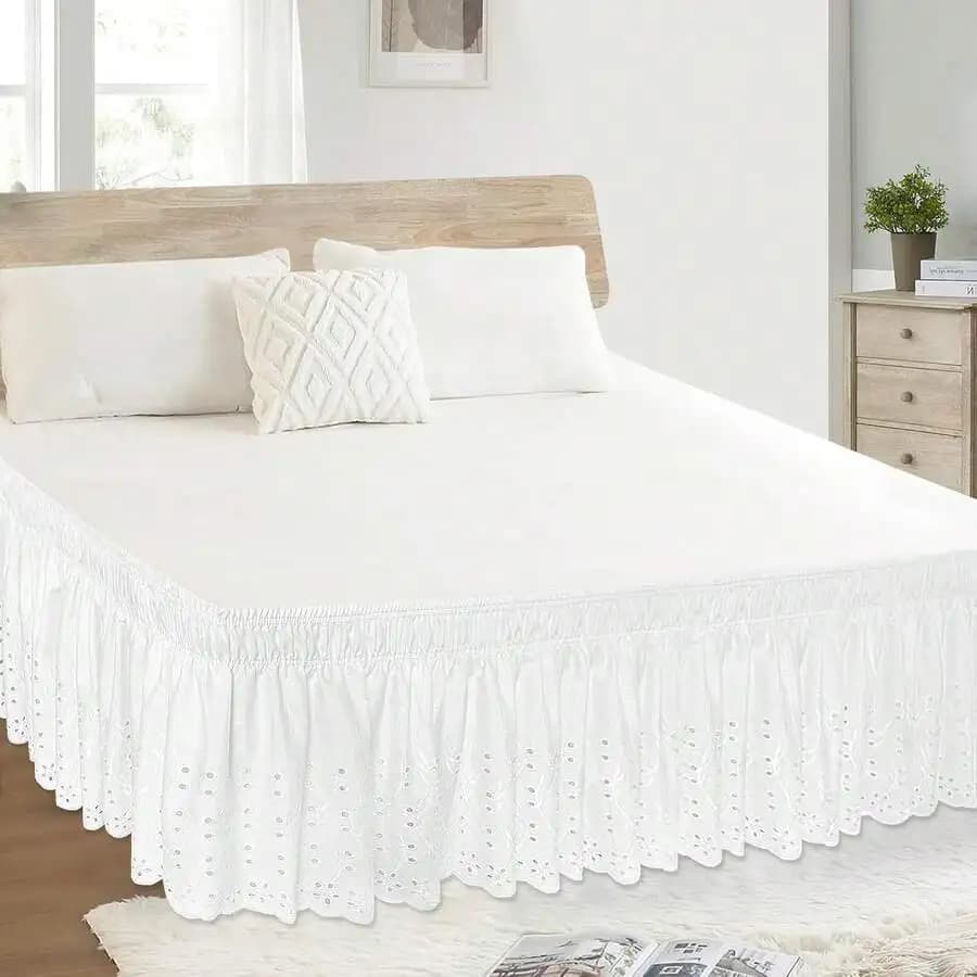King Size White Eyelet Ruffled Bed Skirt With Elastic Wrap Around And Embroidered Details 18 Inch Drop