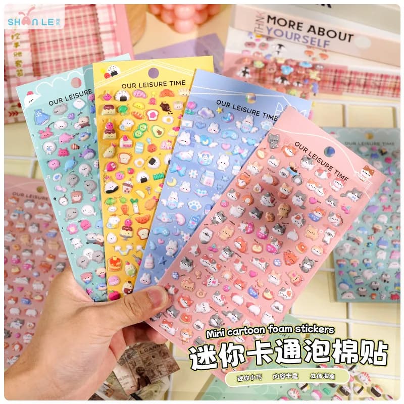 6 fogli adesivi in schiuma gonfia stile giapponese mini animale carino 3D, decorazione per notebook con custodia per chitarra per scrapbooking fai da te