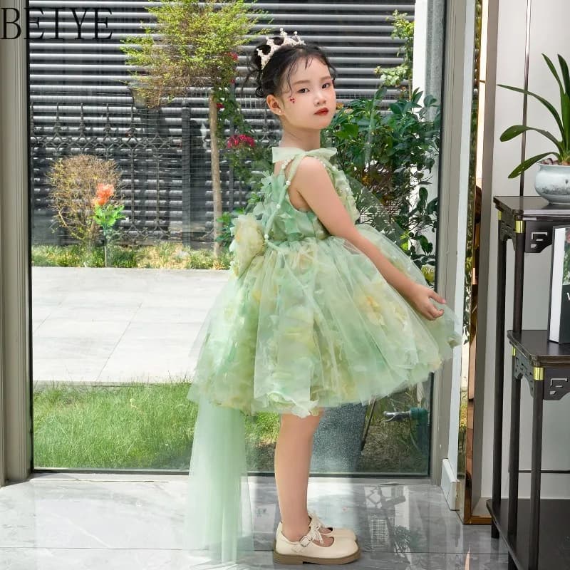 Abito da Principessa per Bambine con Fiori Tridimensionali, Vestito con Bretelle e Tutu per Compleanno, Abito Elegante per Spettacoli