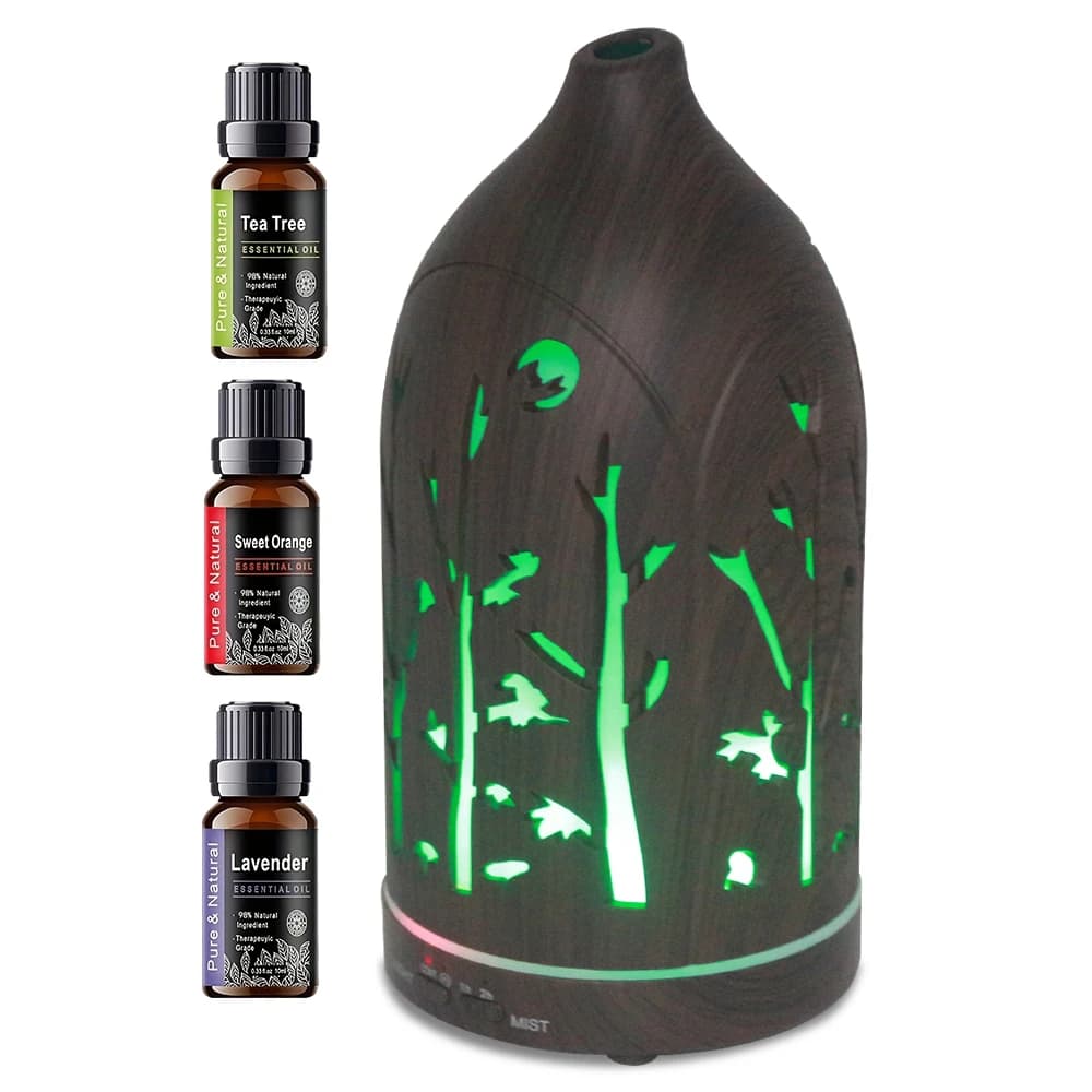 Umidificatore silenzioso per aromaterapia da 200 ml Diffusore di venature del legno scuro con LED a 7 colori e 3 oli essenziali perfetti per il sonno e il posto di lavoro
