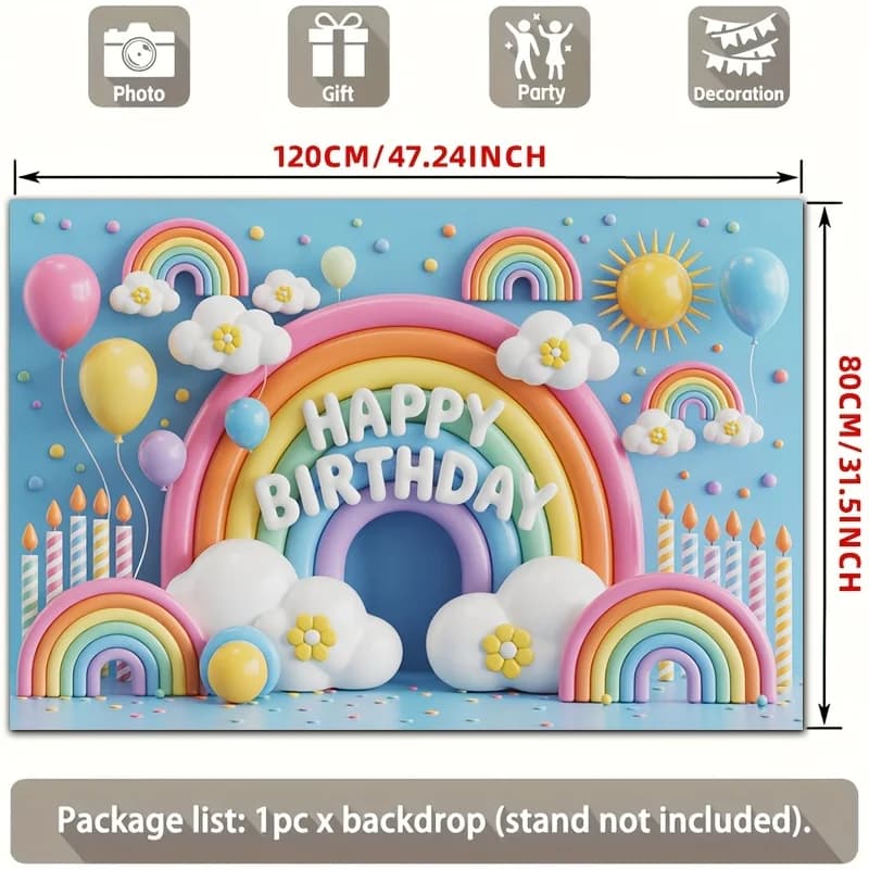 2D flat banner, 1 piece. Birthday happy rainbow cloud balloons and candles, colorful polyester background fabric. yzb