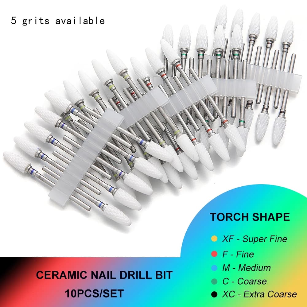 10 Pezzi Punte in Ceramica per Trapano per Unghie, Testina a Forma di Torcia per Rimozione Cuticole e Calli, Strumento per Manicure e Pedicure per Unghie in Acrilico e Gel