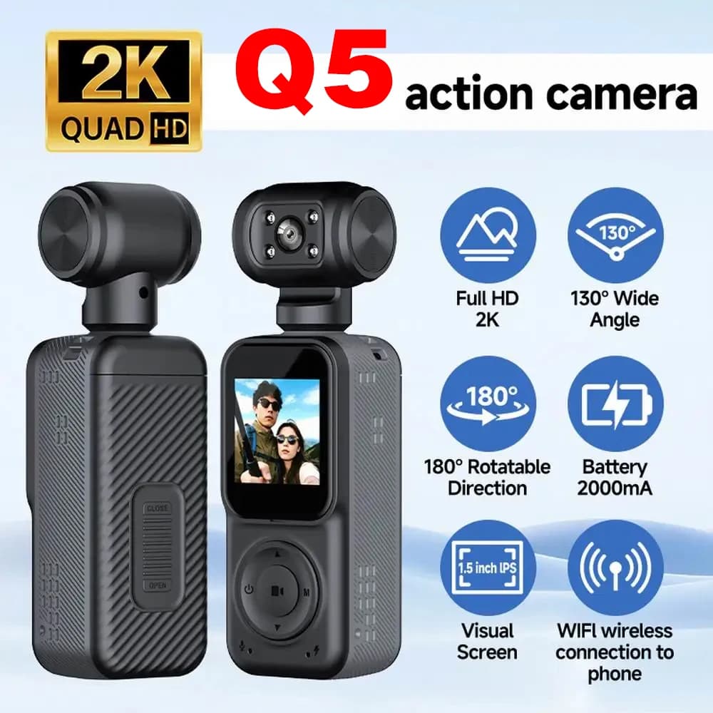 Q5 Full HD 2K Sport Camera Video WiFi Pocket Action Camera 180 ° Direction Rotatable Night Vision Function Bike Helmet Moto