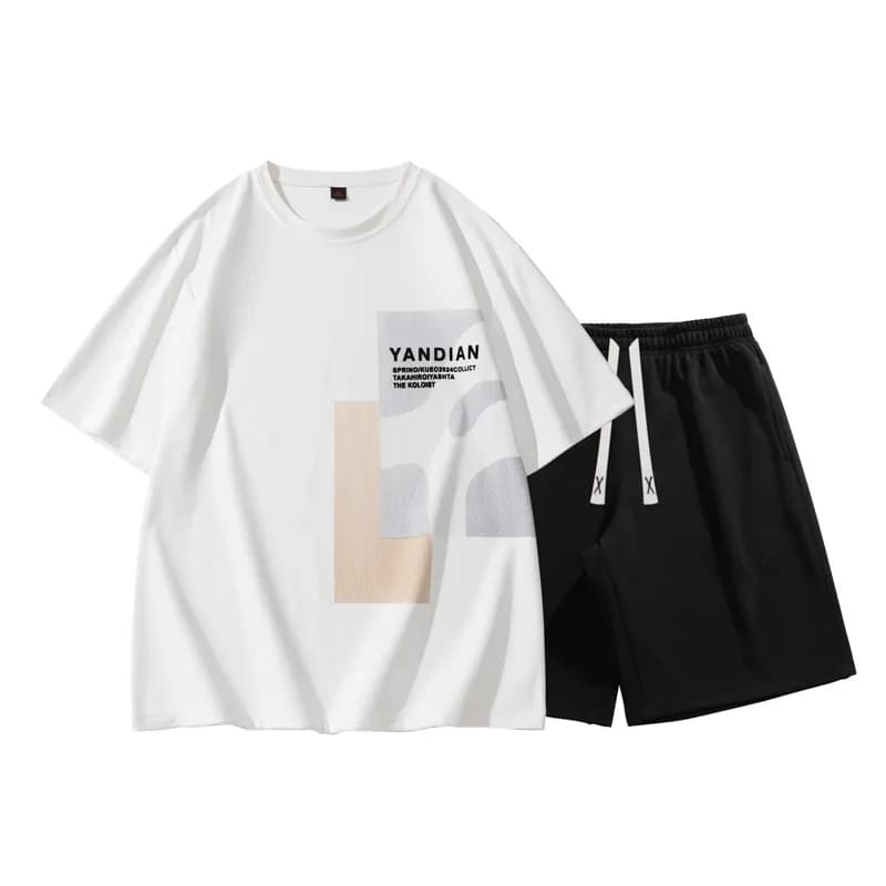 Men Japanese Hong Kong Style Flocking Print T-shirt Shorts Set Summer Casual Sports Tracksuit