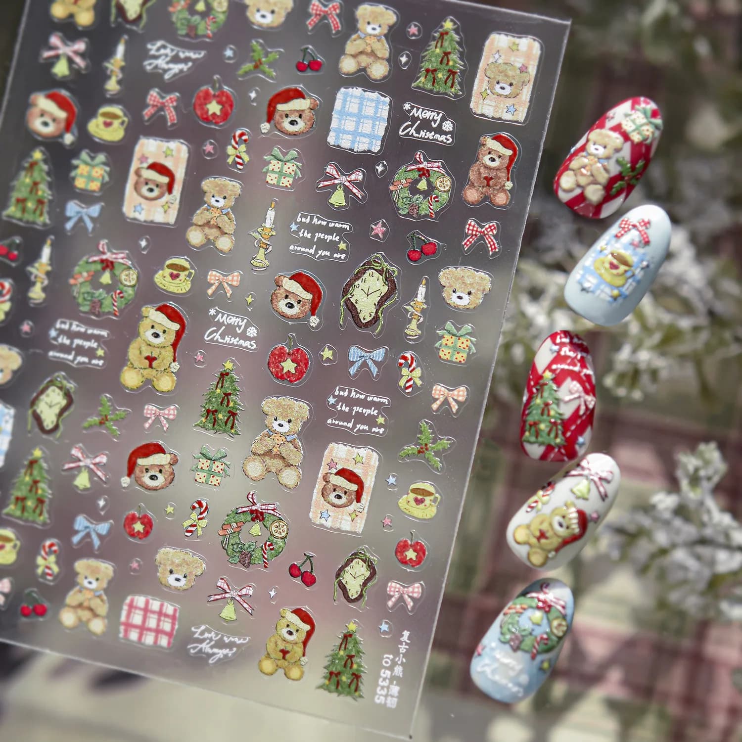 Adesivi per unghie 3D Ghirlanda di Natale Albero Orso Sfera di cristallo Babbo Natale Fiocchi di neve Bowknot Inverno Nail Art Decorat Adesivi Decalcomanie