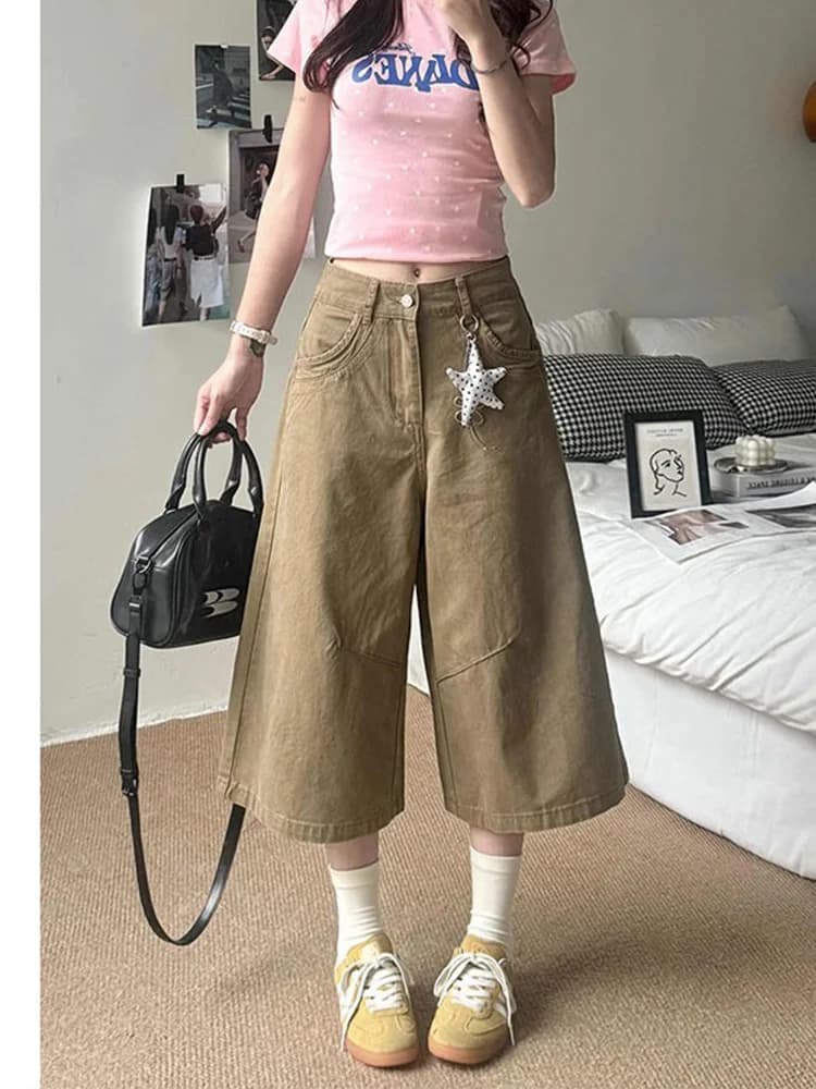 Retro American Street Style Women's Jeans High Waist Wide Leg Seven-Foot Washed Denim Pants Spicy Girl Design Summer New Arrival