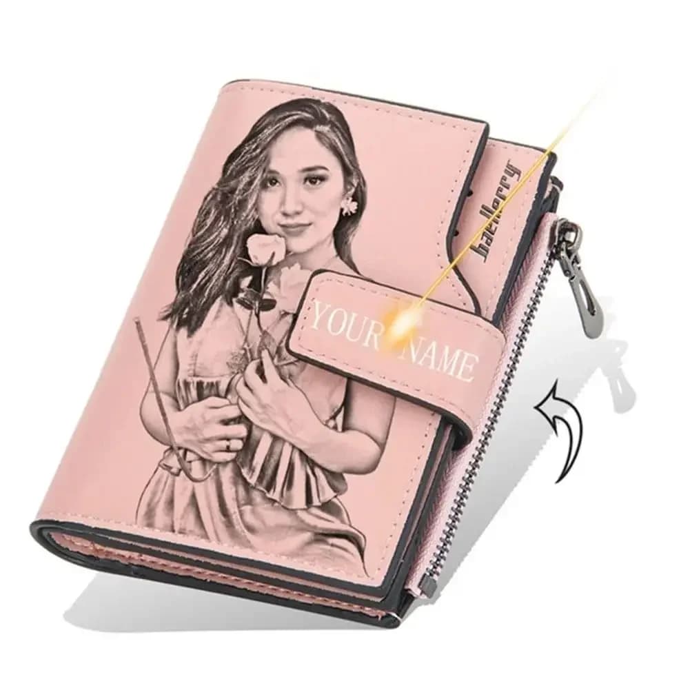 CEXIKA Personalized Photo Wallet with Photo, Custom Engraved Photo Gift for Her Women Valentine's Day/Anniversary, Pink Wallet,