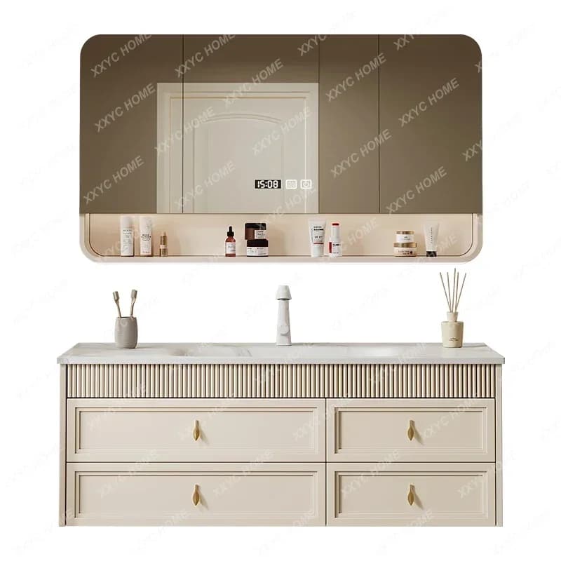 Mobile Bagno con Specchio a Y, Armadietto Lusso con LED, Cassetti Contenitori, Mobile Lavabo Bianco