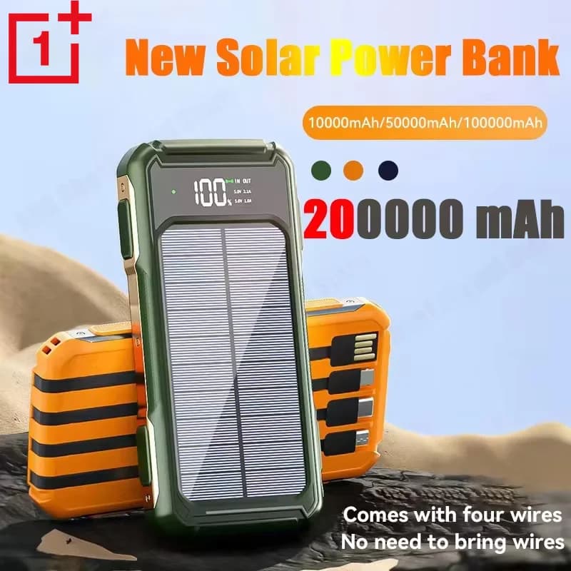OnePlus 200000mAh Solar Power Bank Large Capacity 4 in 1 Integrated Cables Smart Digital Display Laser Light for Samsung Apple