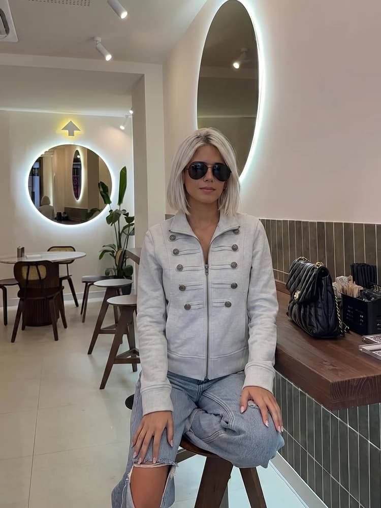 HH Women Summer Y2K Minimalist Grey Military Jacket Spring Stand Collar Half Zip Bronze Button Cropped Lightweight Outerwear