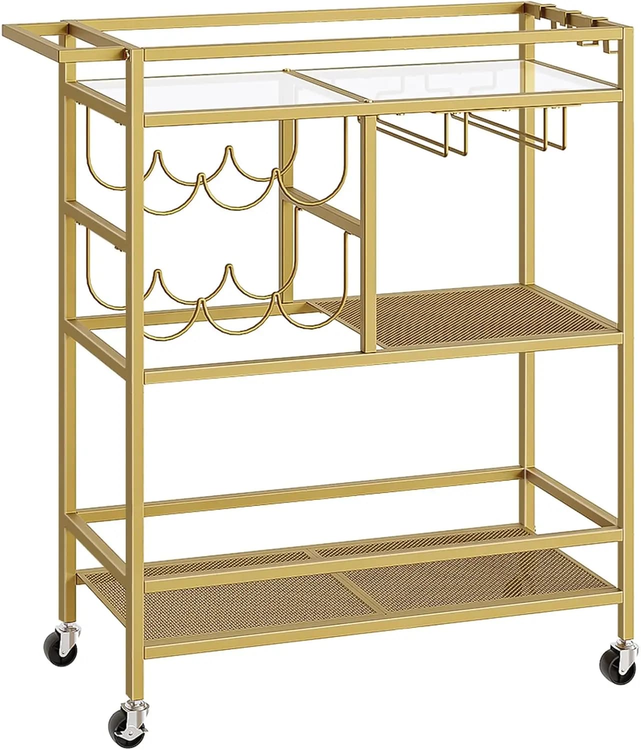 Carrello con rotelle a 3 livelli con ruote, portabottiglie e portabicchieri per cucina o sala da pranzo