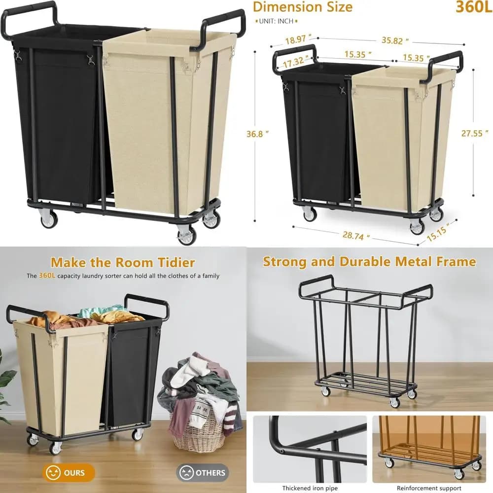 Trolley Double compartment 360L with Wheels - Board Organizer Extra Large and Resistant for Laundry and Bathroom