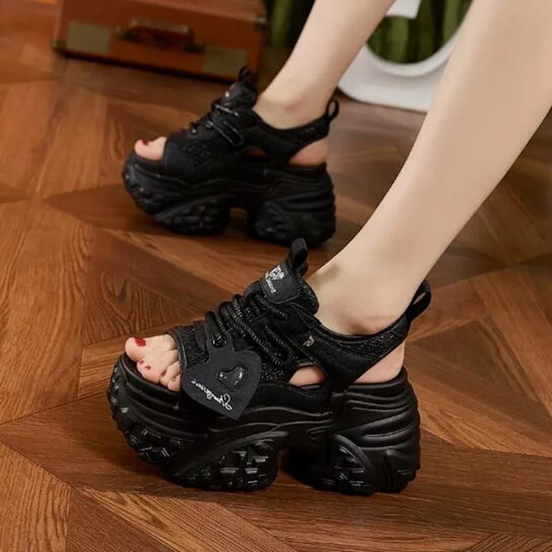 Summer High Platform Sandals Women Breathable Mesh 9CM Chunky Sneakers Female Wedges Slippers Hollow out Peep Toe Sandalia Woman