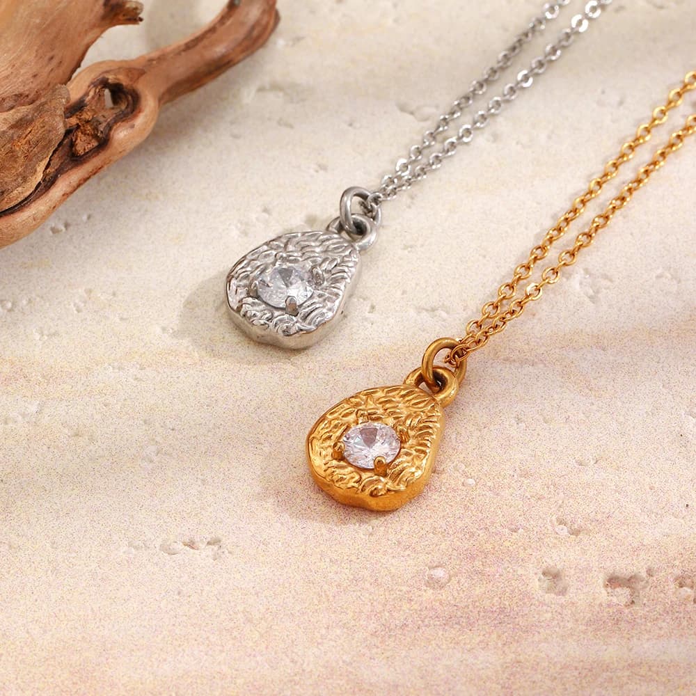 E.B.belle Irregular Molten Metal CZ Pendant Necklace 18K Gold Plated Stainless Steel Chain Anti-Tarnish Jewelry For Women Gift