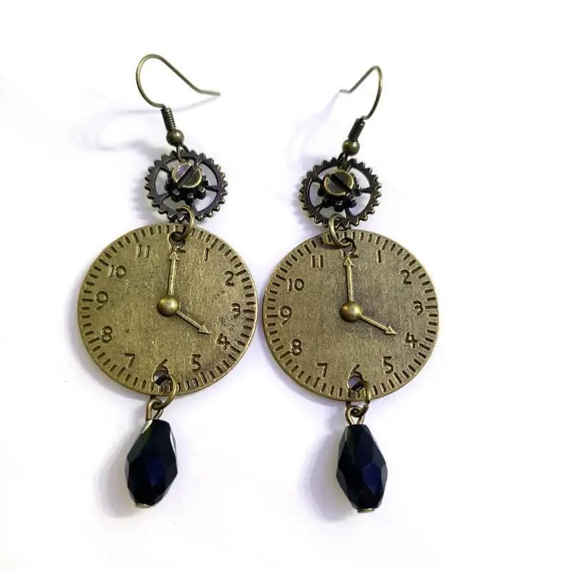 Orologio rotondo vintage Steam Era con quadrante con ingranaggio e orecchini Steampunk da donna con perline nere