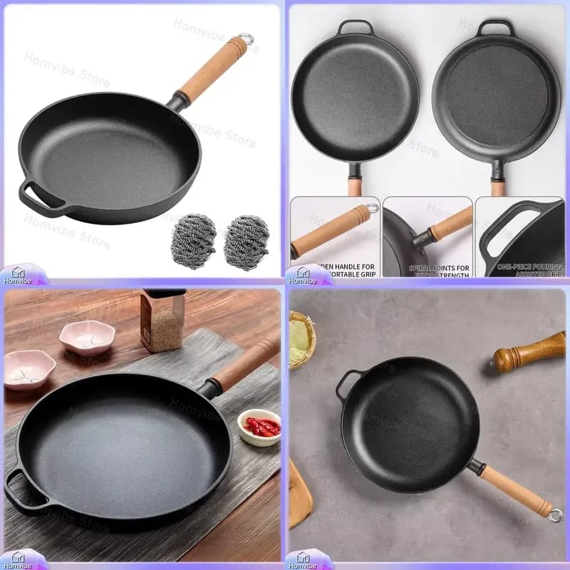 11.8 Inch Cast Iron Frying Pan Non Stick Heavy Duty Pancake Skillet for Steak Cooking Home Kitchen Cookware with Wooden