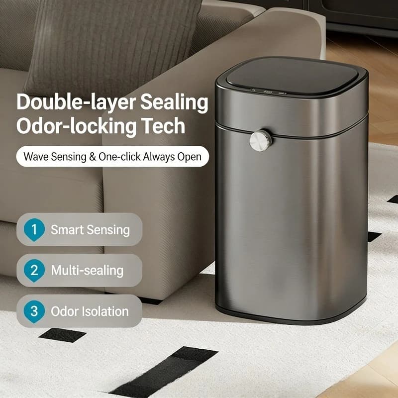 Cestino per Rifiuti da 15L in Acciaio Inox con Doppio Strato e Coperchio Sigillato, Bidone della Spazzatura Intelligente con Sensore Automatico per Cucina