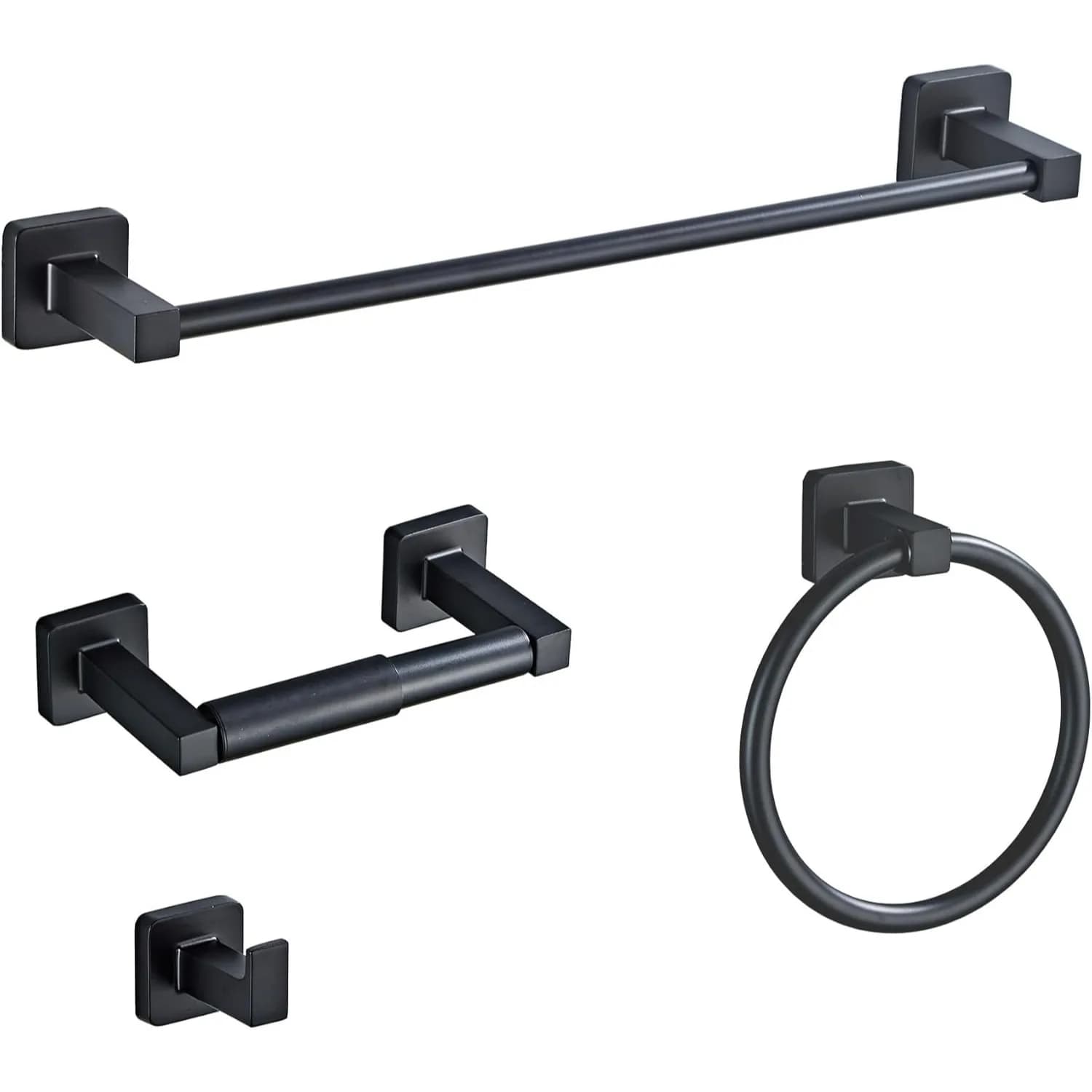 Set di accessori per bagno nero opaco da 4 pezzi con portasciugamani da 16 pollici, anello portasciugamani, gancio per accappatoio, porta carta igienica