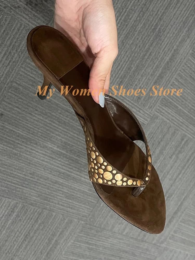Rivet Flip Flop Slippers Open Toe Thin High Heel Slip On Runway 2026 Summer Women Dress Shoes Brown Black New Arrivals