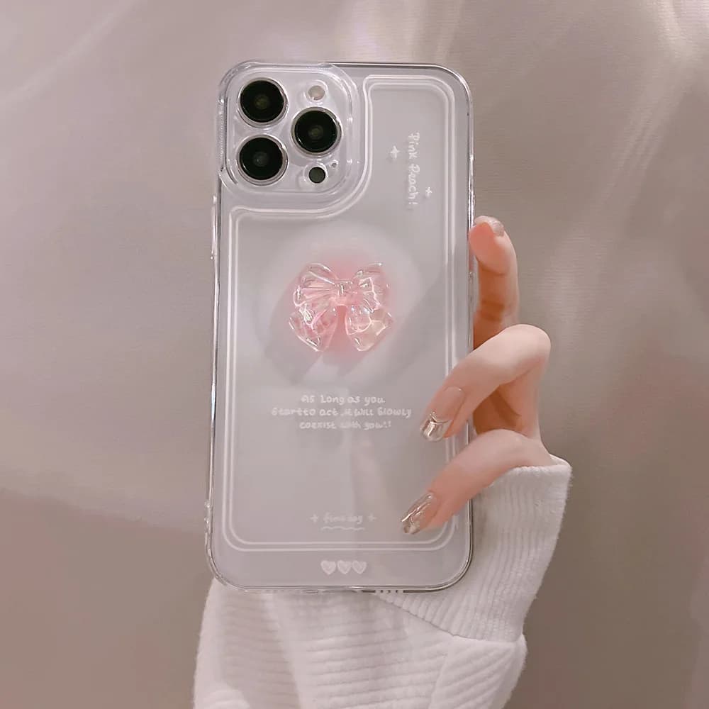 Transparent phone case with cute 3D crystal bow for iPhone 16e 15 14 13 12 Mini 11 Pro Max X XR XS 7 8 Plus shockproof protective case
