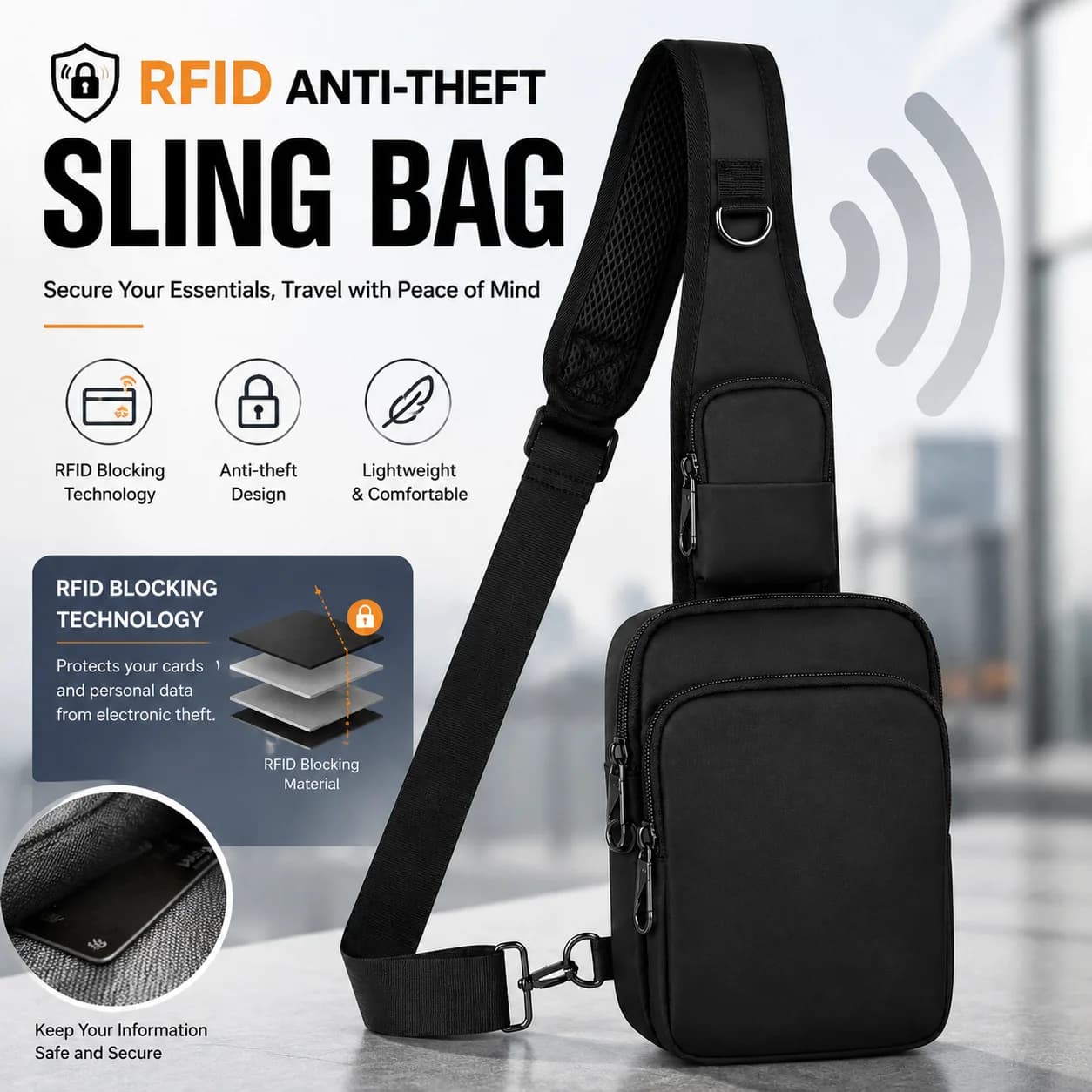 Fashionable Casual RFID Anti-Theft Sling Bag for Men's, Street Sports Chest Bag Simple Lightweight Shoulder Bag for Commuting