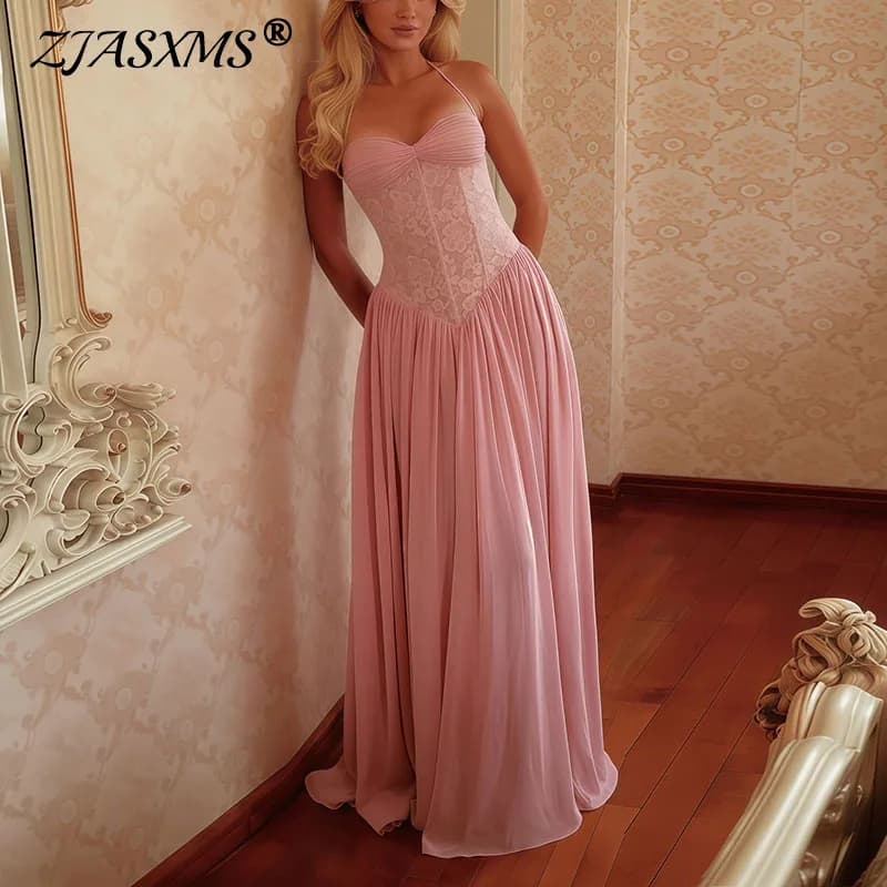 Elegant Lace Bodice Maxi Dress Women Sleeveless Spaghetti Strap Flowy Floor Length Dress Summer Wedding Bridesmaid Cocktail Gown