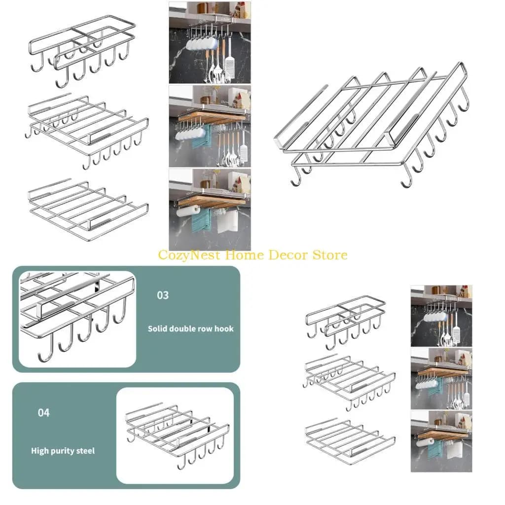 92MF Kitchen Cabinet Hook Rack For Hanging Pot Pan Lid Stainless Steel Cutting Board Holder with Hook Storage Shelf