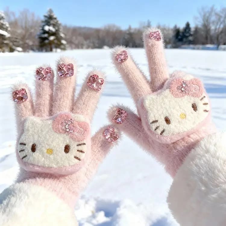 Sympathetic plush gloves with diamonds HelloKitty Cycling ski gloves in cold-resistant plush with fingers winter warm ladies' fingers