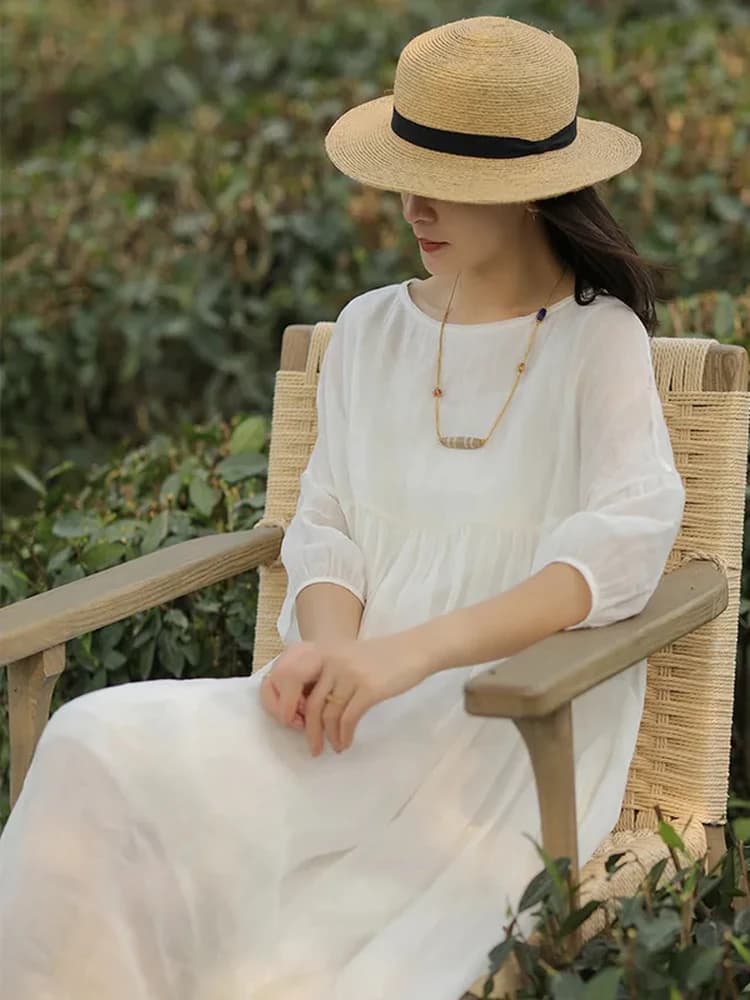 Abito Midi in Cotone e Lino, Gonna a Trapezio, Taglie Forti, Colletto a Bambola, Vestito Casual in Lino Stile T-Shirt, Abito da Donna per il Lavoro e il Tempo Libero, Stile Artistico