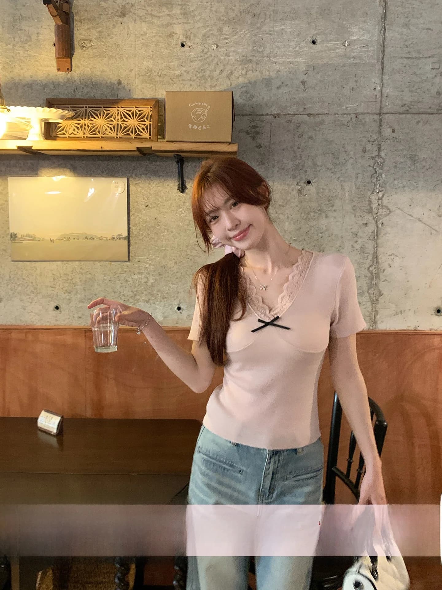 Morning Bloom Women's Short Sleeve V-neck Knitted T-shirt Knot Lace Trim Summer Pure Desire Casual Style Korean Fas...
