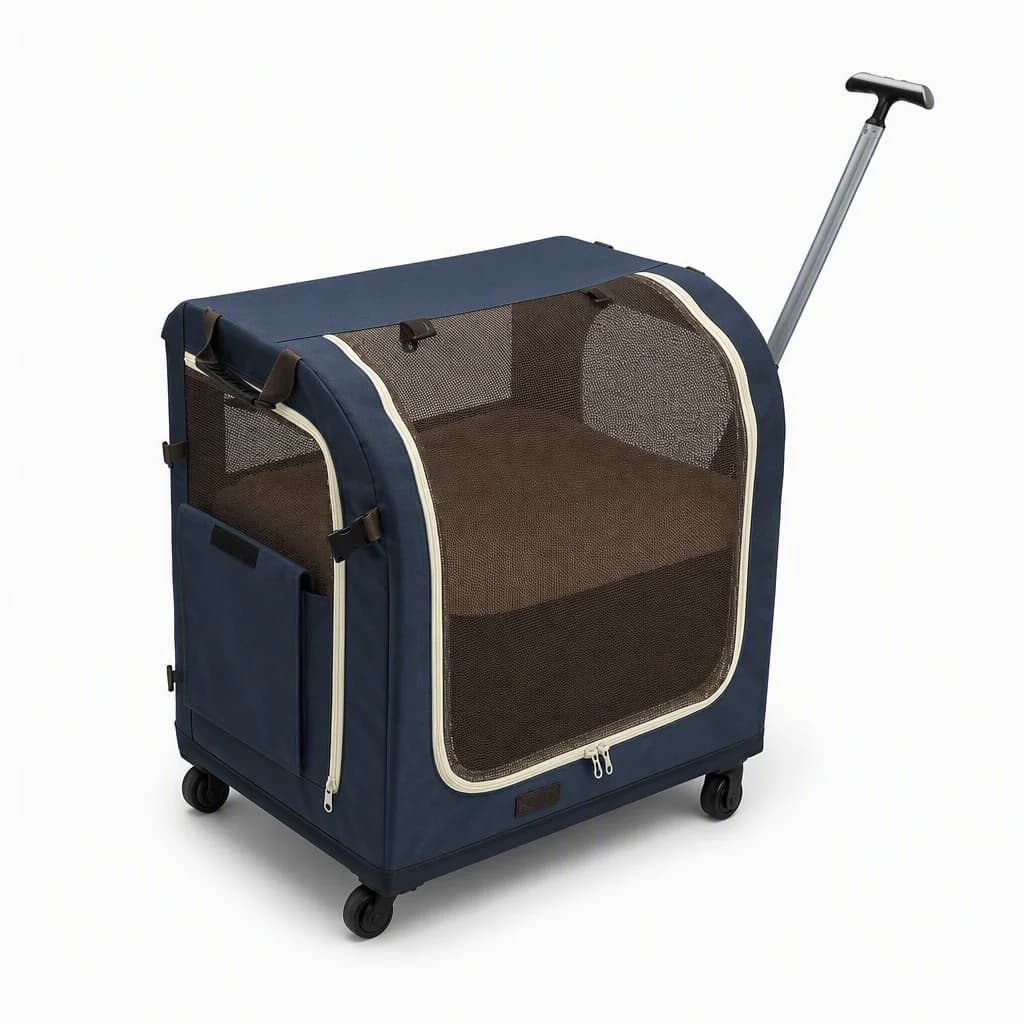 Pet Trailer Trolley Aluminum Frame Retractable Handle Two-Level Folding Cat Dog Carrier 4 Wheels Mesh Window Removable Sherpa