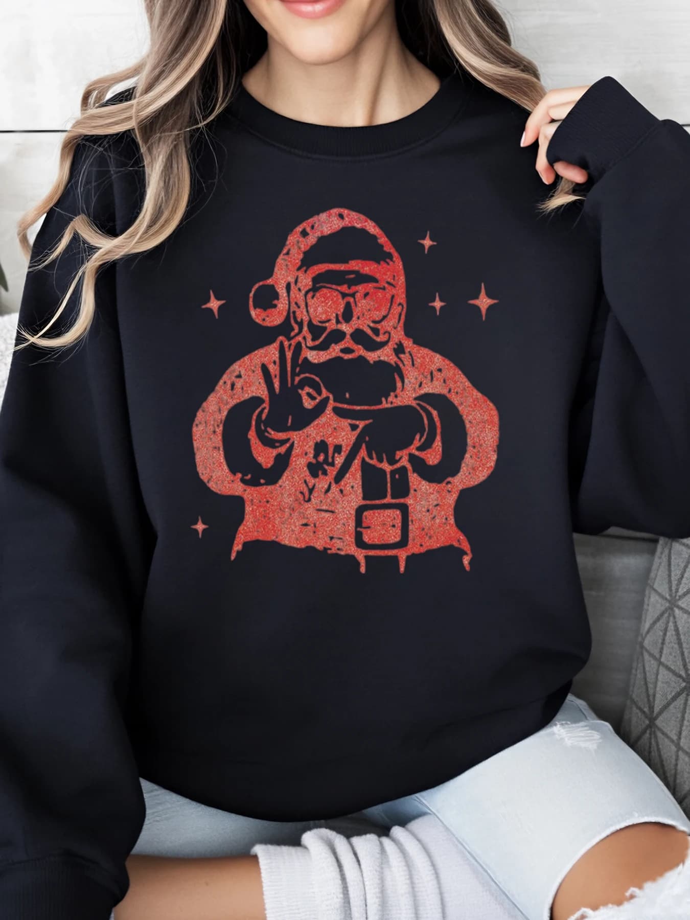 Babbo Natale con occhiali da sci Stampa Felpa natalizia Donna Casual Abbigliamento per le vacanze invernali Nero Taglie forti