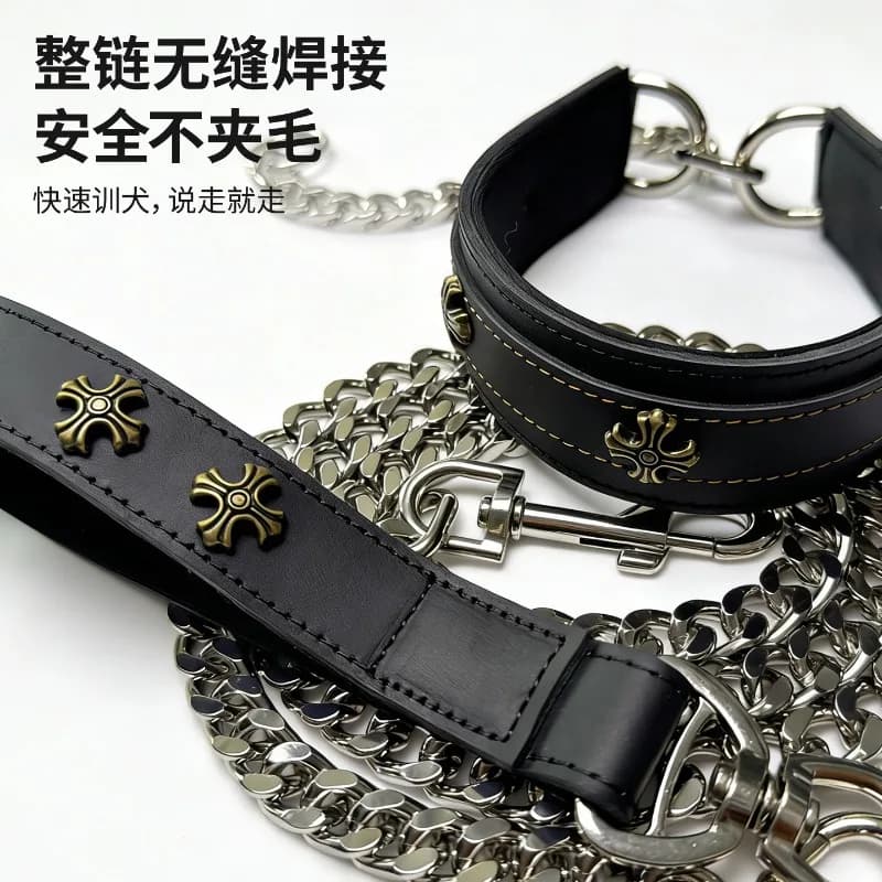 Handmade Real Leather Large Breed Dog Collar with Leash Set for Doberman Greyhound Malinois Durable Walking Collar