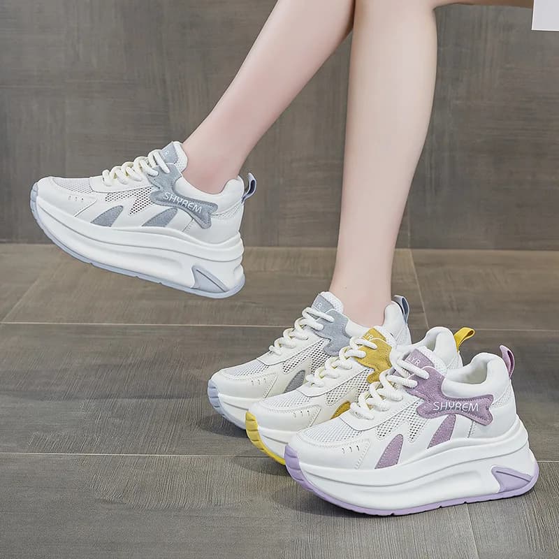 2026 Women platform sneakers breathable mesh white chunky sole height increase casual summer sport shoes comfort versatile
