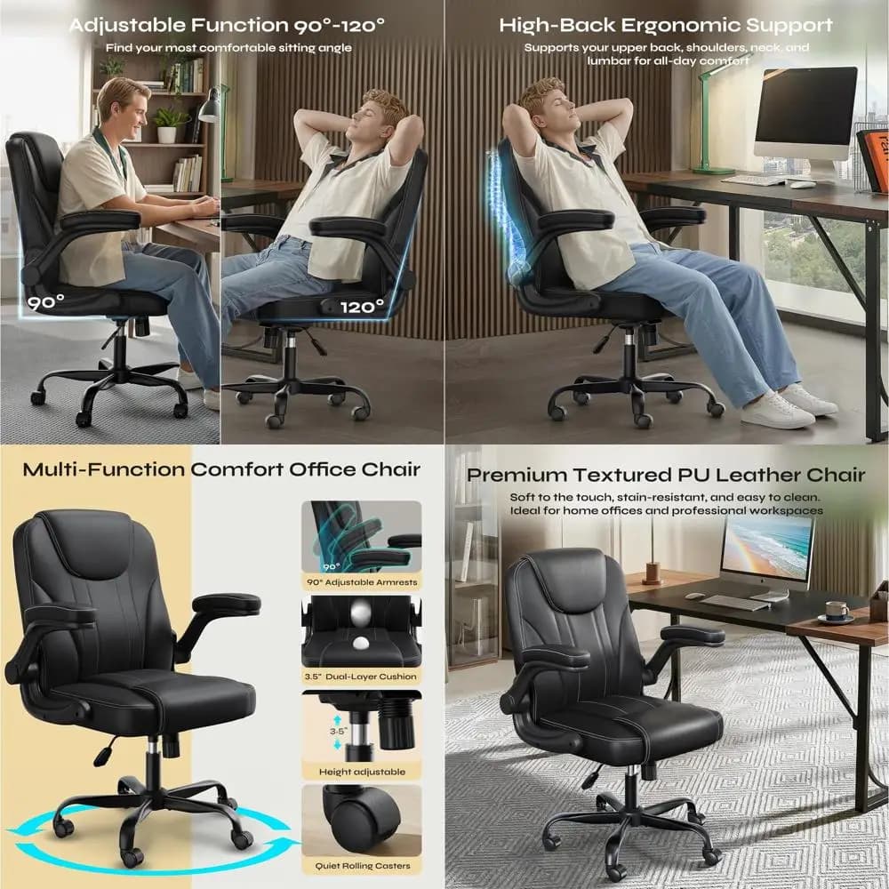 Sedia da ufficio ergonomica in pelle PU con cuscino da 3,5 pollici, altezza regolabile, ruote girevoli, nera