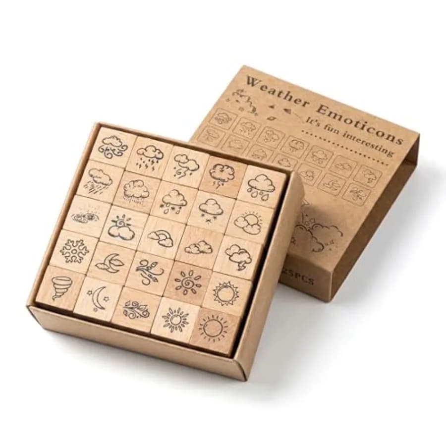 25pcs Wooden Rubber Stamps Kit, Cute Mini Icons for Journaling, Planner, Scrapbook, DIY Cards and Calendar Tracking