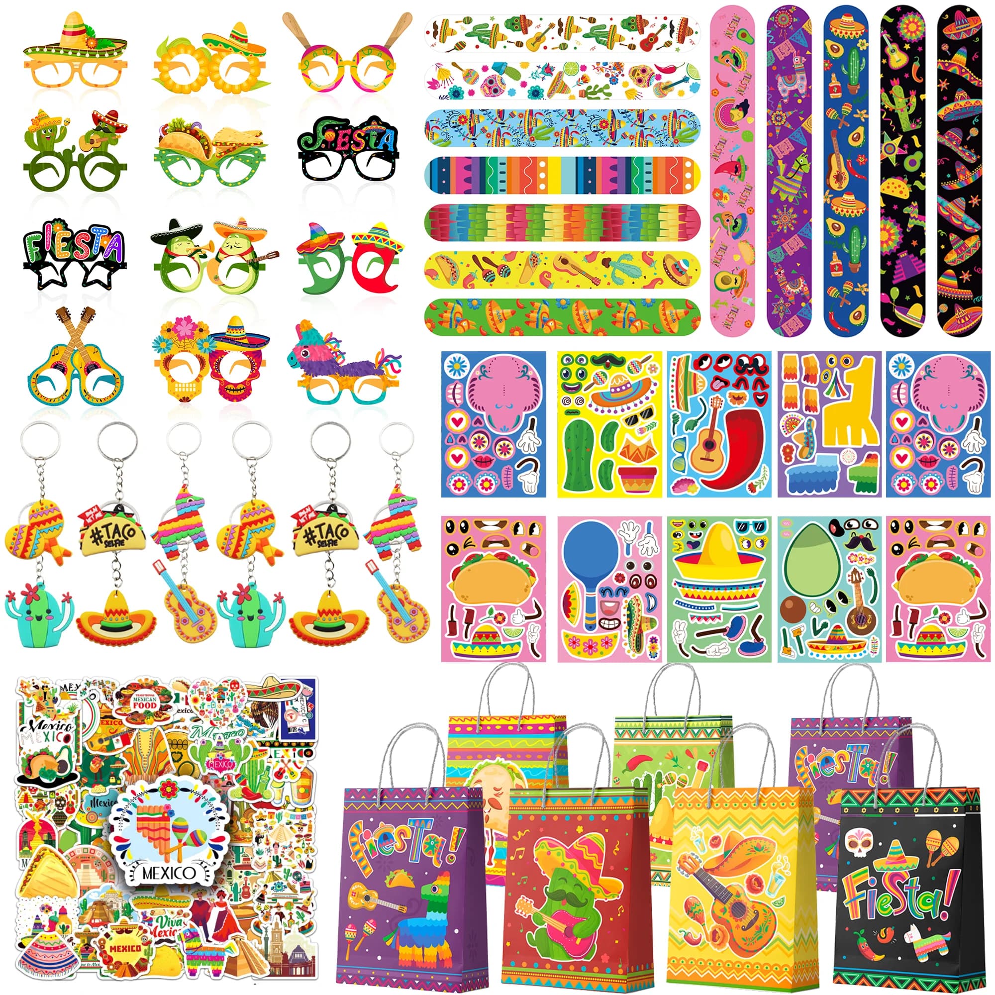 110 Pcs Mexican Fiesta Party Favors Set - Cinco De Mayo Bags Mexican Character Face Sticker Mexican Keychain Slap Bracelets etc Mexican Party Favors for Mexican Fiesta Decorations