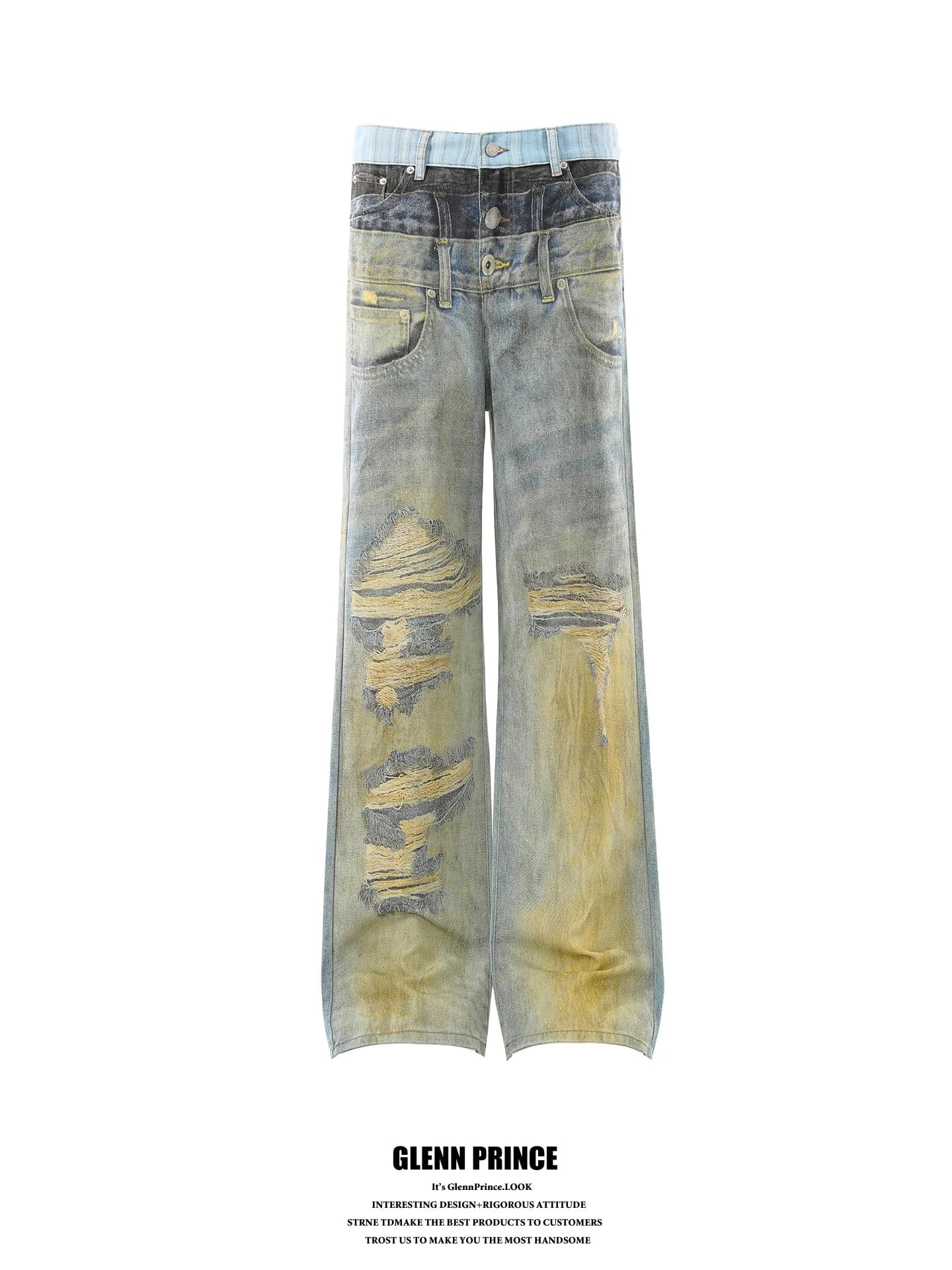 American High Street Vintage 3D Printed Jeans Men's Hiphop Optical Illusion Straight Leg Long Pants Worn in Splice Cotton Pol...