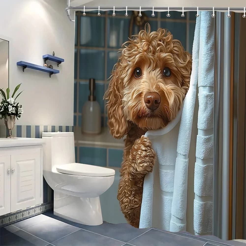 Adorable Poodle Puppy Peeking Over Shower Curtain Cute and Cozy Bathroom Decor with Realistic Dog Bathtub Curtain Accessories