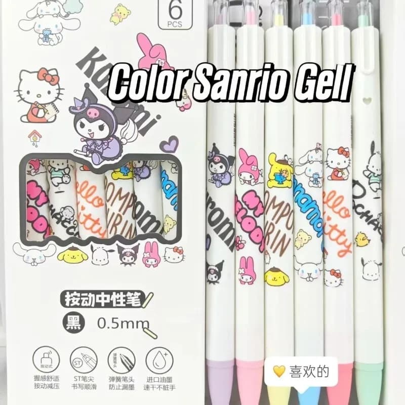Set di 6 Penne Gel Kawaii Serie Sanrio Edizione Limitata, Cartone Animato 0.5mm Nero ad Asciugatura Rapida, per Apprendimento, Diario, Ufficio, Cancelleria