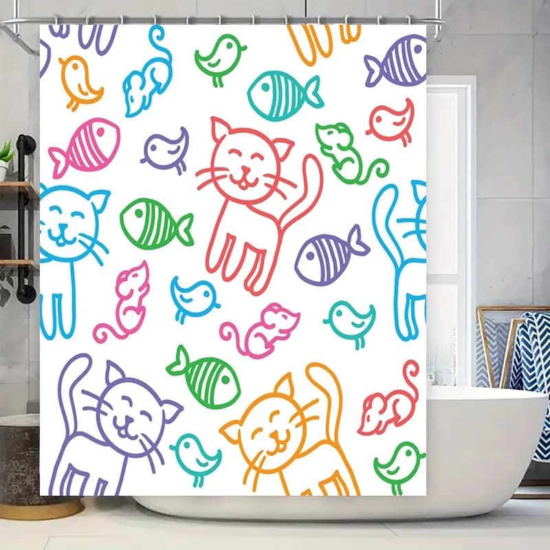 Set di tende da doccia colorate per gatti, pesci, uccelli, per l'arredamento del bagno, tappetino da bagno impermeabile, porta fazzoletti incluso