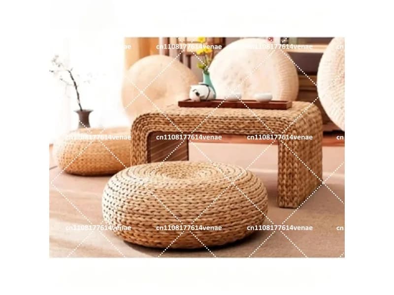 Woven Grass Floor Cushion, Japanese Tatami Round Mat for Meditation, Rattan Kneeling Pad for Yoga