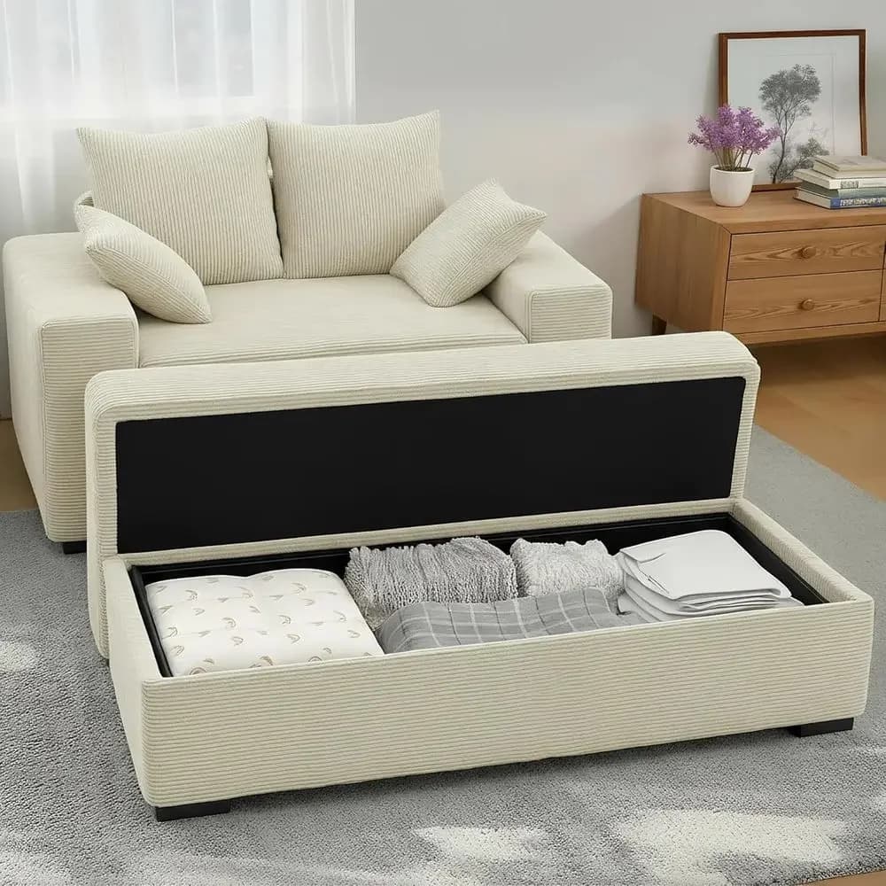 Oversized Corduroy Sleeper Sofa with Storage Ottoman and 4 Pillows, 60 Beige Upholstered Couch Bed for Indoor Living