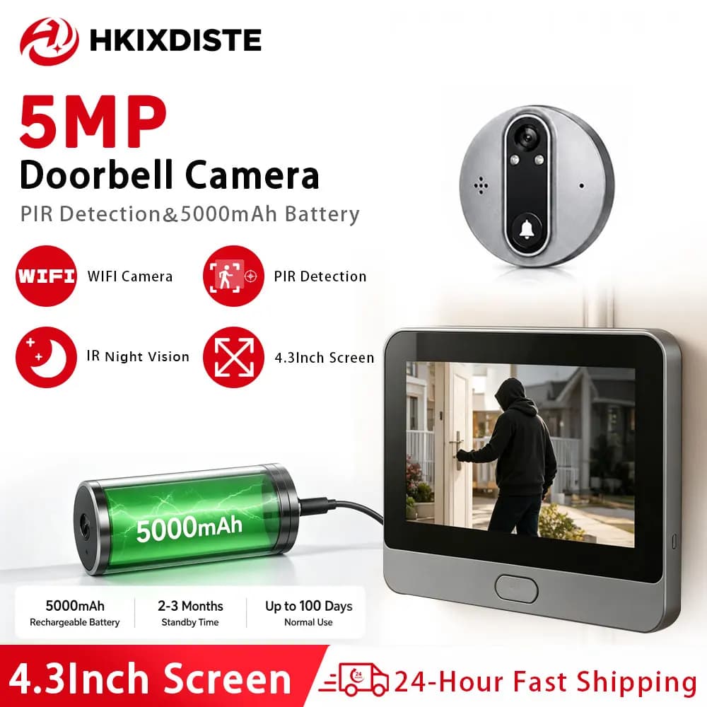 Smart Video Doorbell Camera 5MP 4.3 Inch Indoor Monitor 5000mAh Rechargeable Battery PIR Motion Detection WiFi IR Night Vision