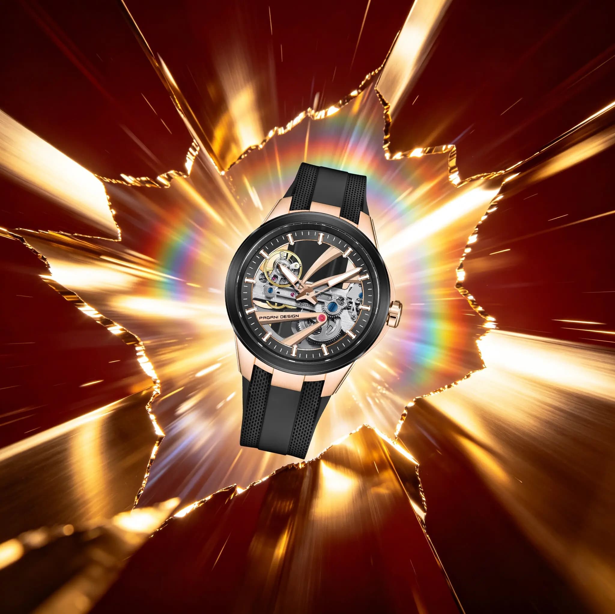 Orologio Meccanico da Uomo PAGANI DESIGN Extraordinary Demeanor, Scheletrato Nero e Oro, con Cinturino in Gomma, Vetro Zaffiro, Luminoso, Subacqueo, Tourbillon
