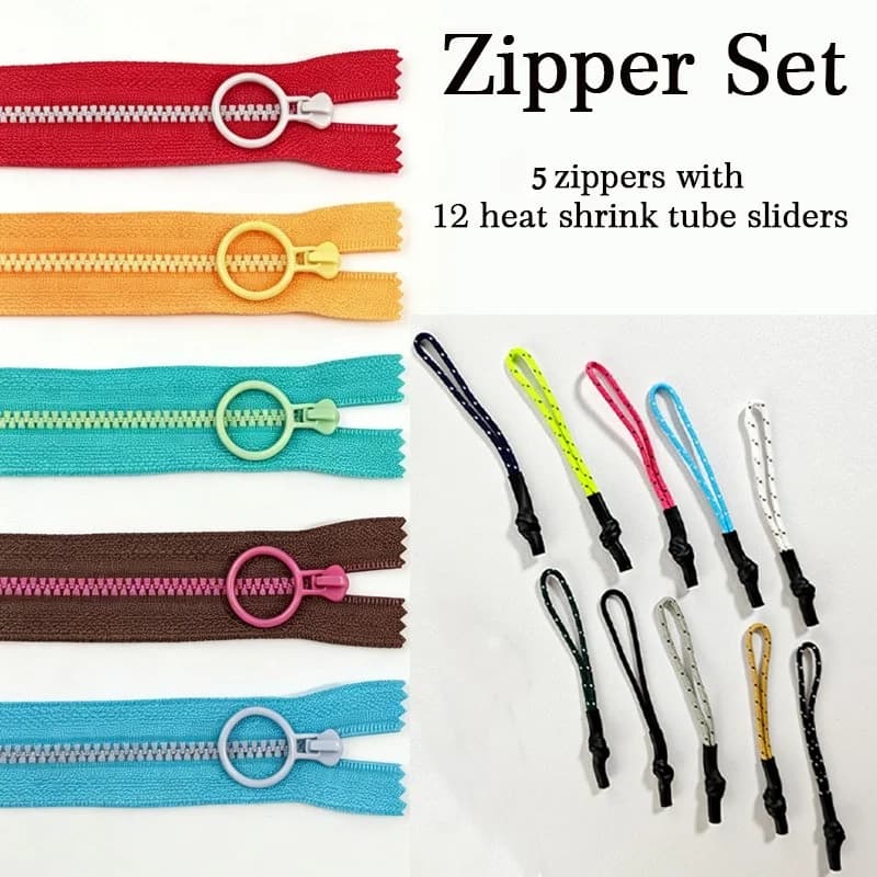 New 17Pcs Zipper Kit 3# Resin Closed Zippers Random Color Heat Shrink Pull Cords DIY Handmade Bag Pouch Sewing Supplies