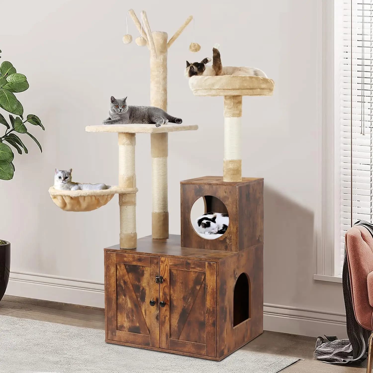 Albero per Gatti 2-in-1 in Legno con Box Lettiera, Tiragraffi in Sisal e Amaca, Colore Marrone